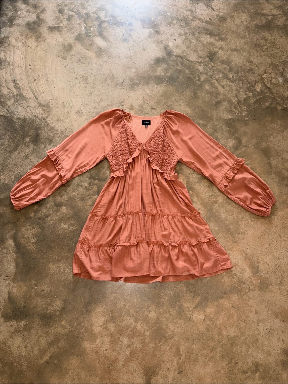 HEYSON Smocked Ruffle Mini Dress Medium Rust Boho Long Sleeve Tiered